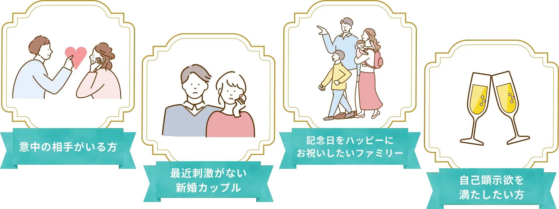 「意中の相手がいる方」「最近刺激がない新婚カップル」「記念日をハッピーにお祝いしたいファミリー」「自己顕示欲を満たしたい方」におすすめ！